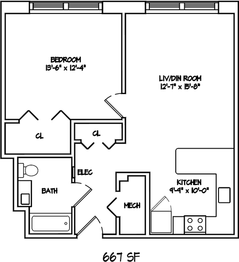 Floor plan for 1 bed, 1 bath, 667 sqft